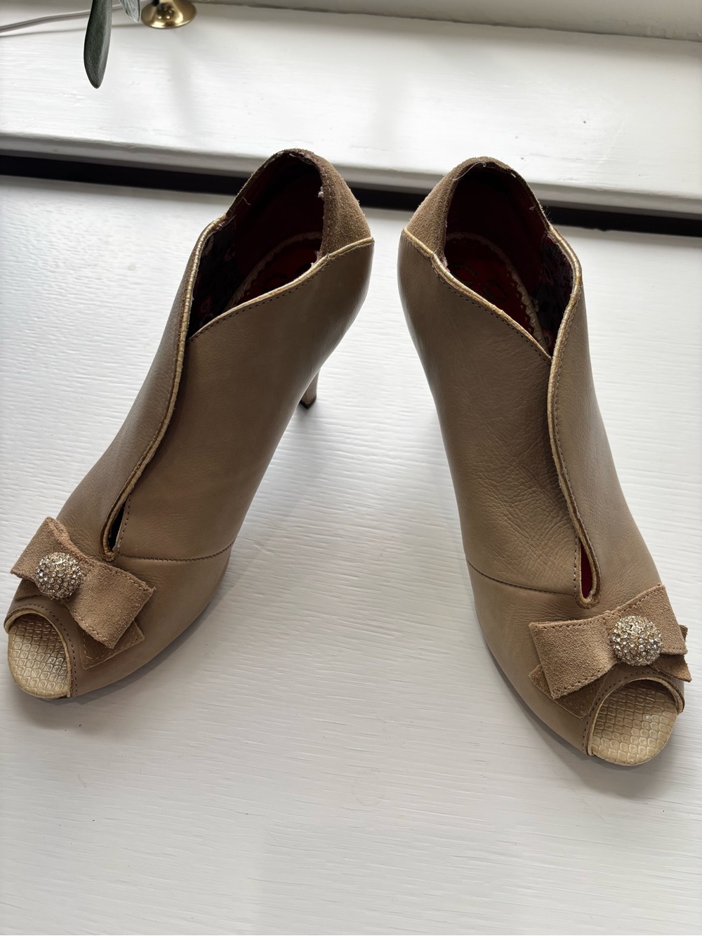 Poetic License Taupe Peep-Toe Bootie Heels with Bow and Crystal Button